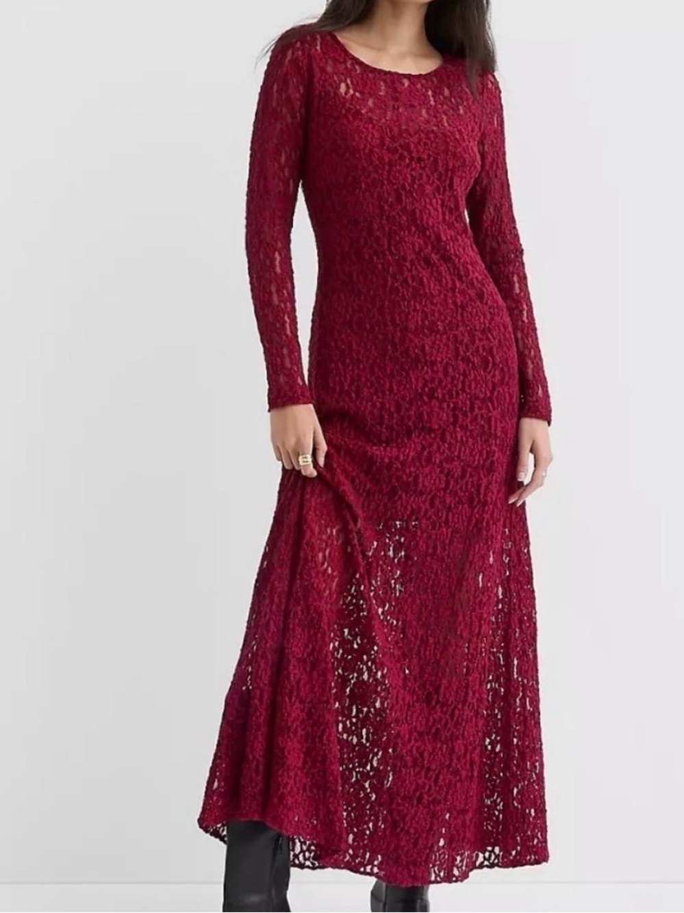 LOFT Burgundy Lace Long Sleeve Maxi Dress M